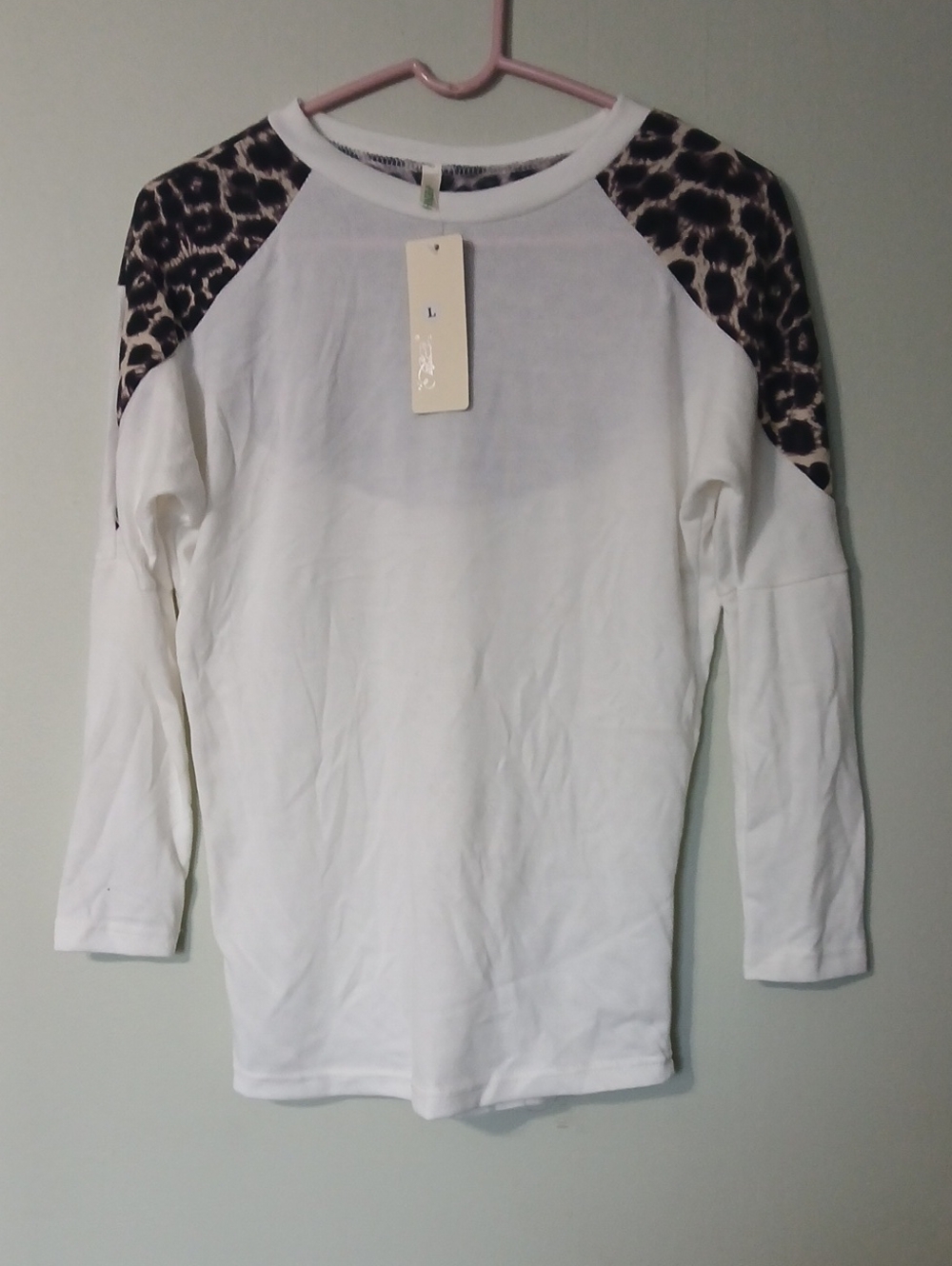Women's White Long-Sleeve Top with Leopard Shoulder Size L NWT